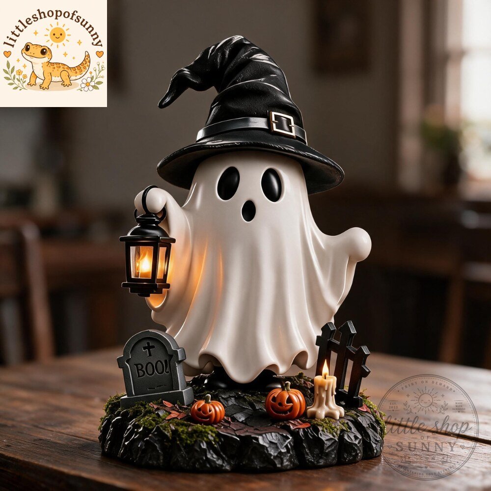 Cute Ghost with Witch Hat and Lantern Figurine 2026