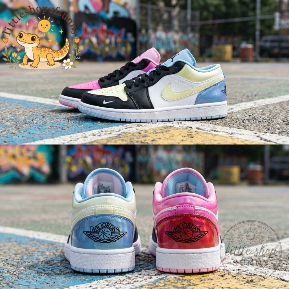 Air Jordan 1 Low Mismatched Pastel Iridescent Multi Color Patent Leather Sneakers 2 Air Jordan 1 Low Mismatched Pastel Iridescent Multi Color Patent Leather Sneakers