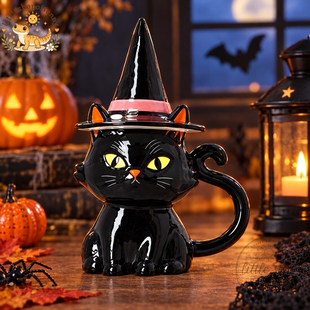Spooky Black Cat with Witch Hat Ceramic Mug