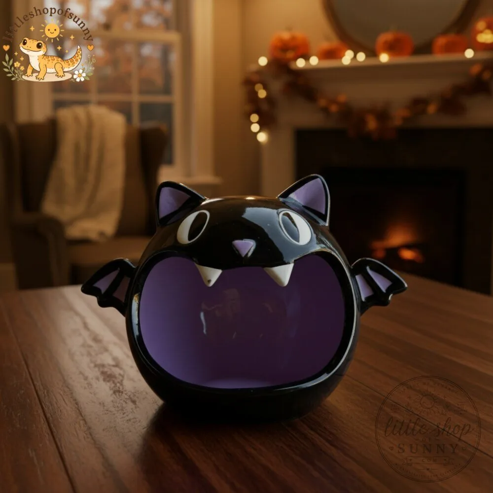 Ceramic Halloween Black Cat Candy Bowl with Small Bat Wings