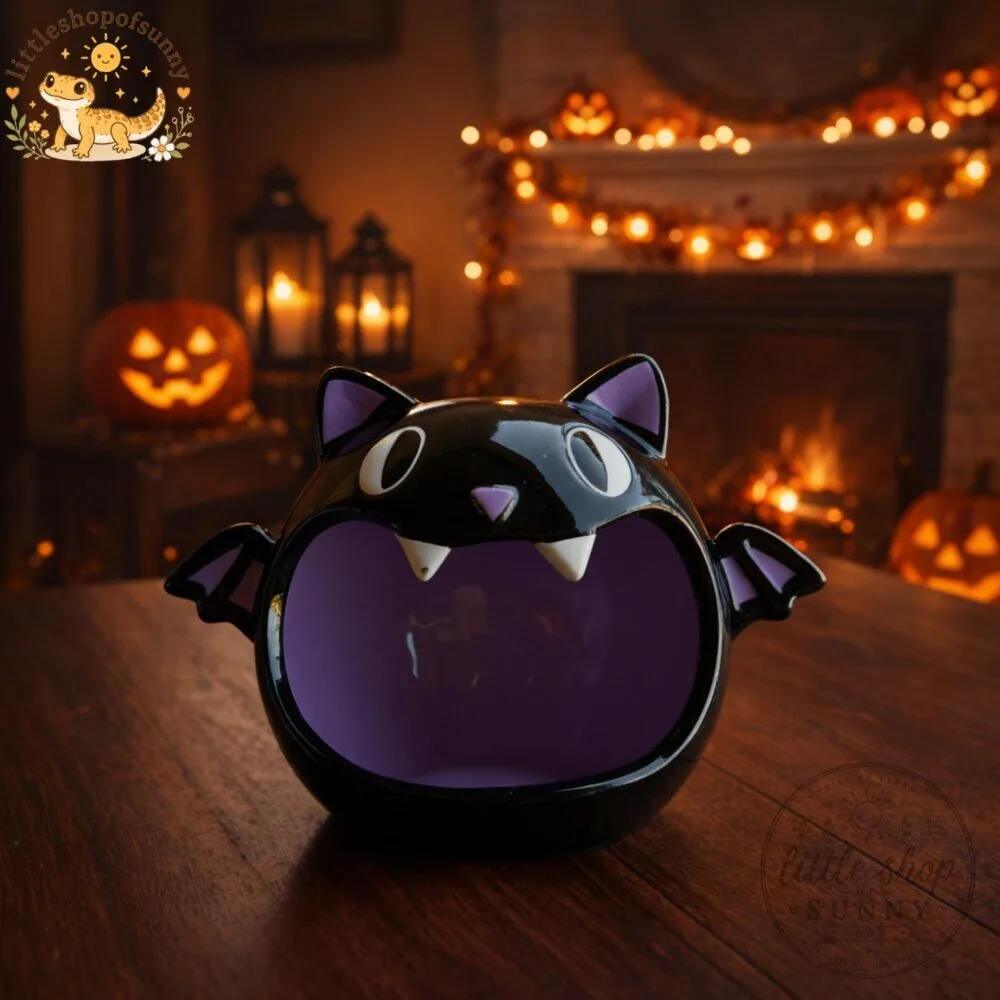 Ceramic Halloween Black Cat Candy Bowl with Small Bat Wings 4 Ceramic Halloween Black Cat Candy Bowl with Small Bat Wings