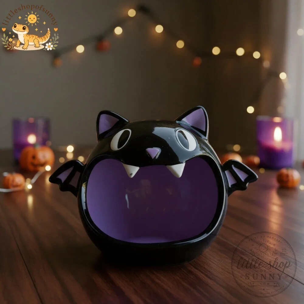 Ceramic Halloween Black Cat Candy Bowl with Small Bat Wings 5 Ceramic Halloween Black Cat Candy Bowl with Small Bat Wings