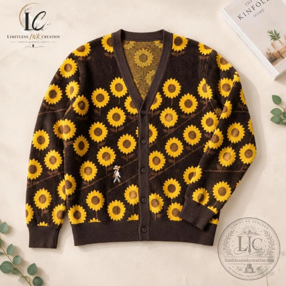 Sunflower Pattern Knit Cardigan Style Sweater 4 Sunflower Pattern Knit Cardigan Style Sweater