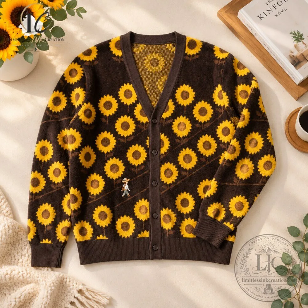 Sunflower Pattern Knit Cardigan Style Sweater 5 Sunflower Pattern Knit Cardigan Style Sweater