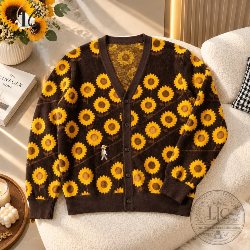 Sunflower Pattern Knit Cardigan Style Sweater 6 Sunflower Pattern Knit Cardigan Style Sweater