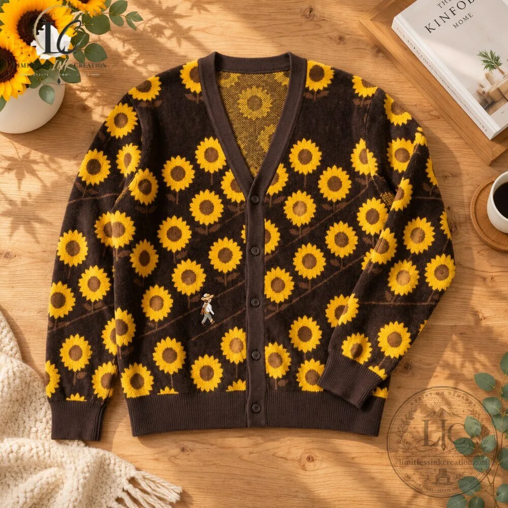Sunflower Pattern Knit Cardigan Style Sweater 7 Sunflower Pattern Knit Cardigan Style Sweater