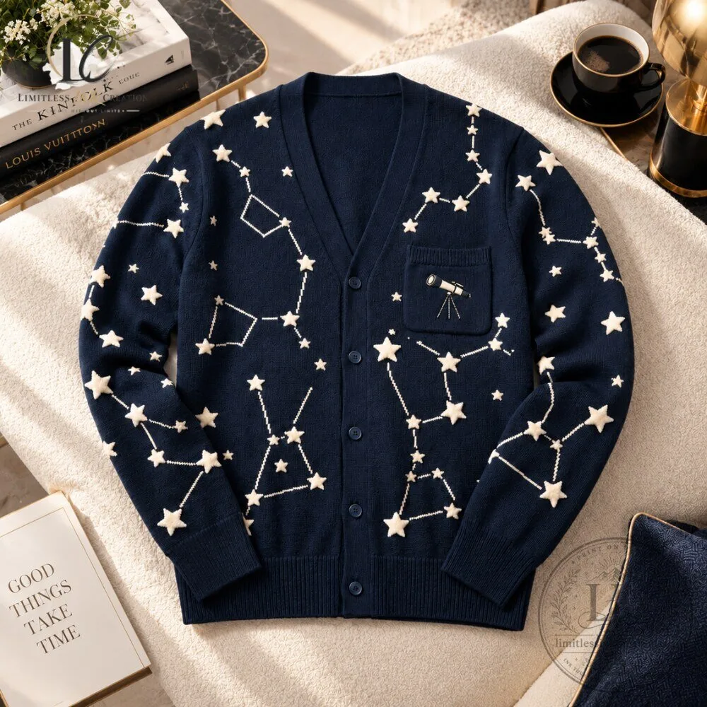 Celestial Star and Constellation Print V Neck Cardigan 6 Celestial Star and Constellation Print V Neck Cardigan
