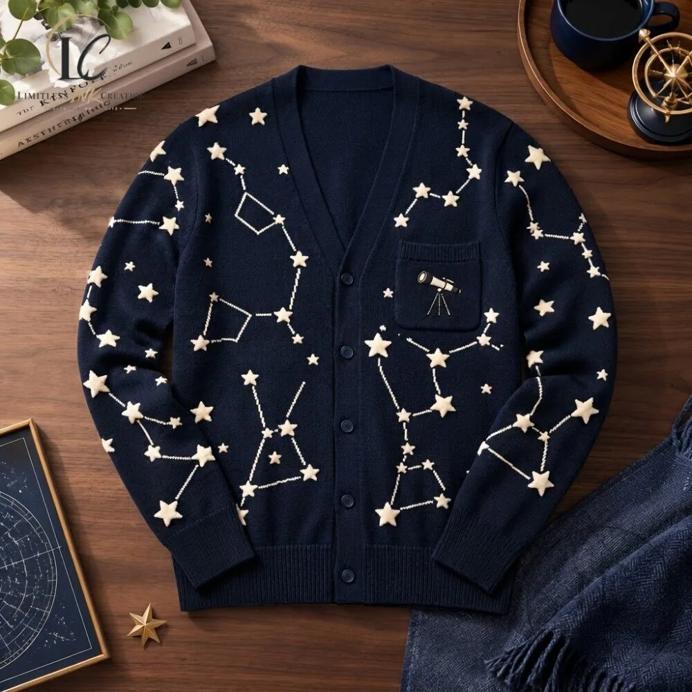 Celestial Star and Constellation Print V Neck Cardigan 7 Celestial Star and Constellation Print V Neck Cardigan