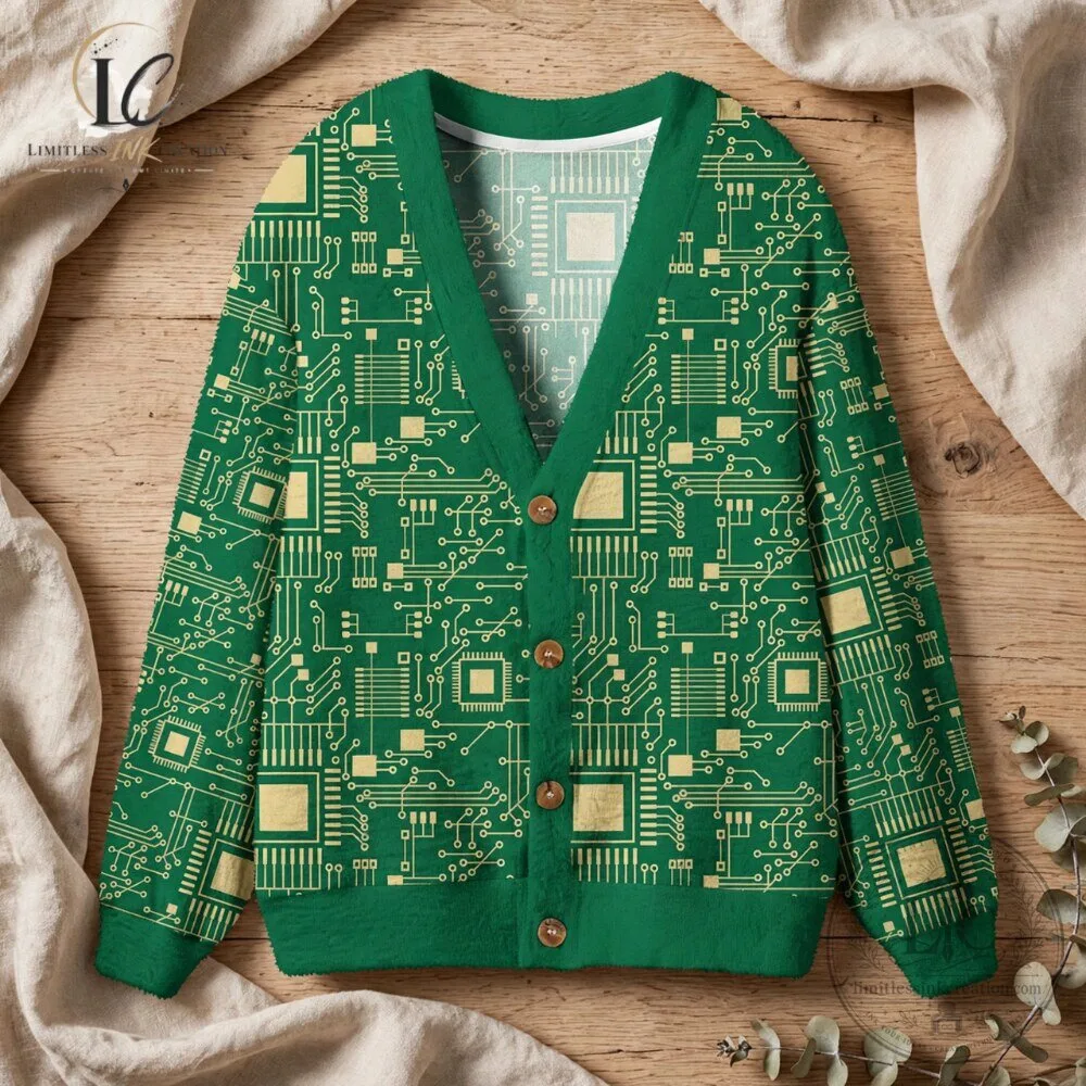 Circuit Board Green Cardigan Retro Tech Geek Ugly Christmas Sweater 5 Circuit Board Green Cardigan Retro Tech Geek Ugly Christmas Sweater
