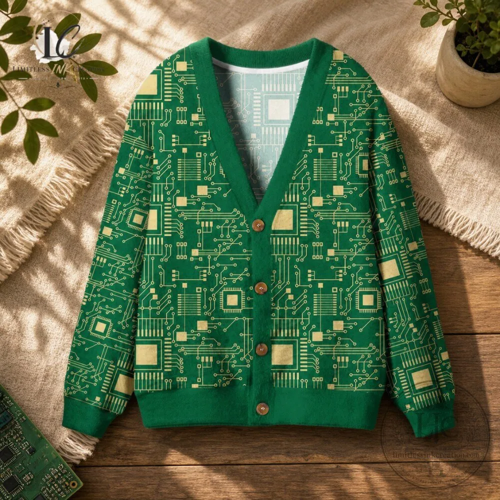 Circuit Board Green Cardigan Retro Tech Geek Ugly Christmas Sweater 6 Circuit Board Green Cardigan Retro Tech Geek Ugly Christmas Sweater