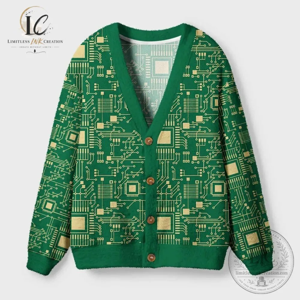 Circuit Board Green Cardigan Retro Tech Geek Ugly Christmas Sweater 7 Circuit Board Green Cardigan Retro Tech Geek Ugly Christmas Sweater