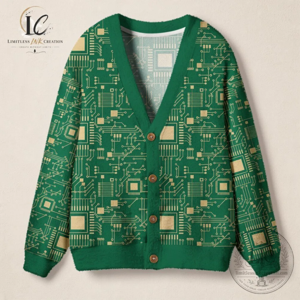 Circuit Board Green Cardigan Retro Tech Geek Ugly Christmas Sweater 8 Circuit Board Green Cardigan Retro Tech Geek Ugly Christmas Sweater