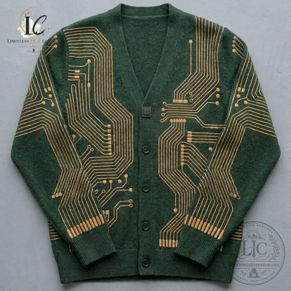 Tech Chic Circuit Board Green Knit Cardigan 6 Tech Chic Circuit Board Green Knit Cardigan