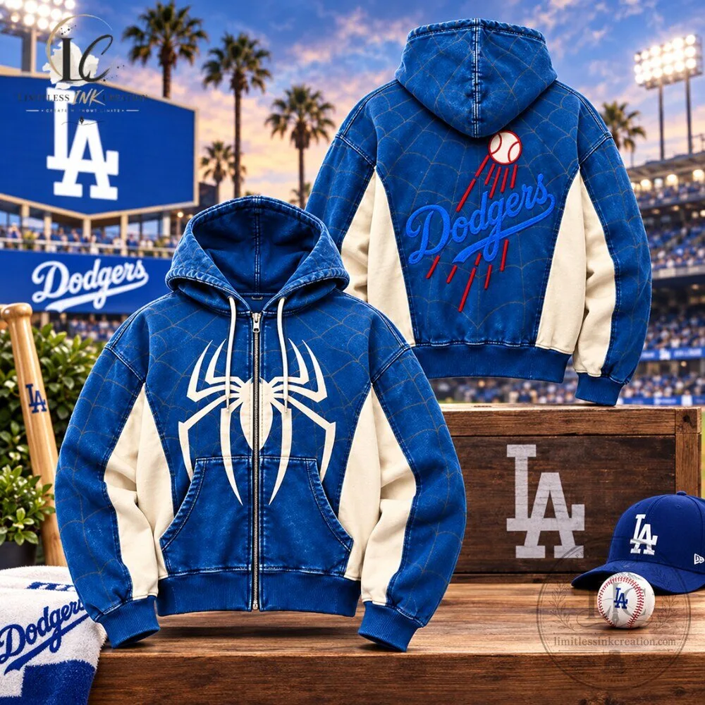 Los Angeles Dodgers x Spider Man Blue Zip Up Hoodie 2026 4 Los Angeles Dodgers x Spider Man Blue Zip Up Hoodie 2026