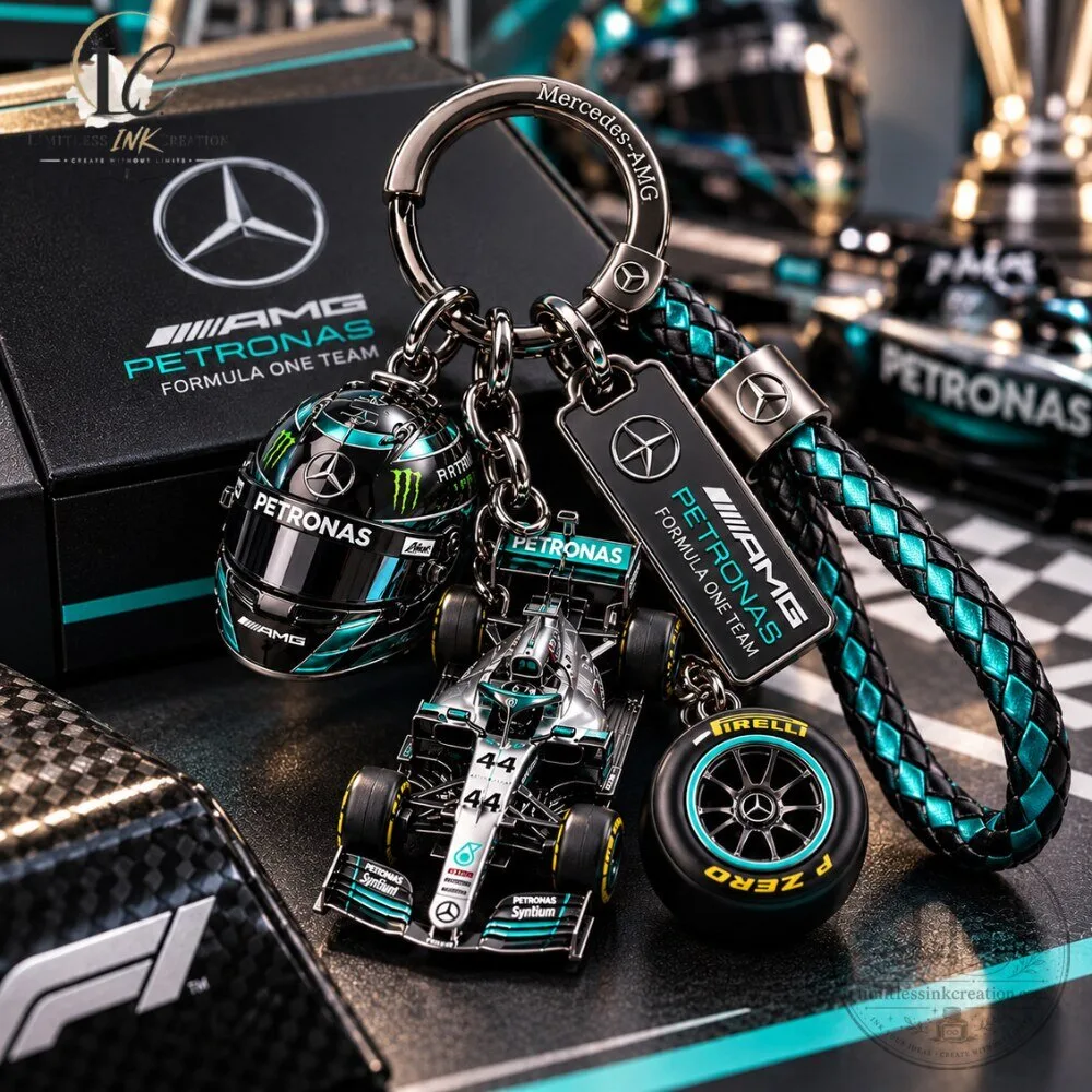 Mercedes AMG Petronas F1 Keychain Set with Helmet & Car Model 7 Mercedes AMG Petronas F1 Keychain Set with Helmet & Car Model