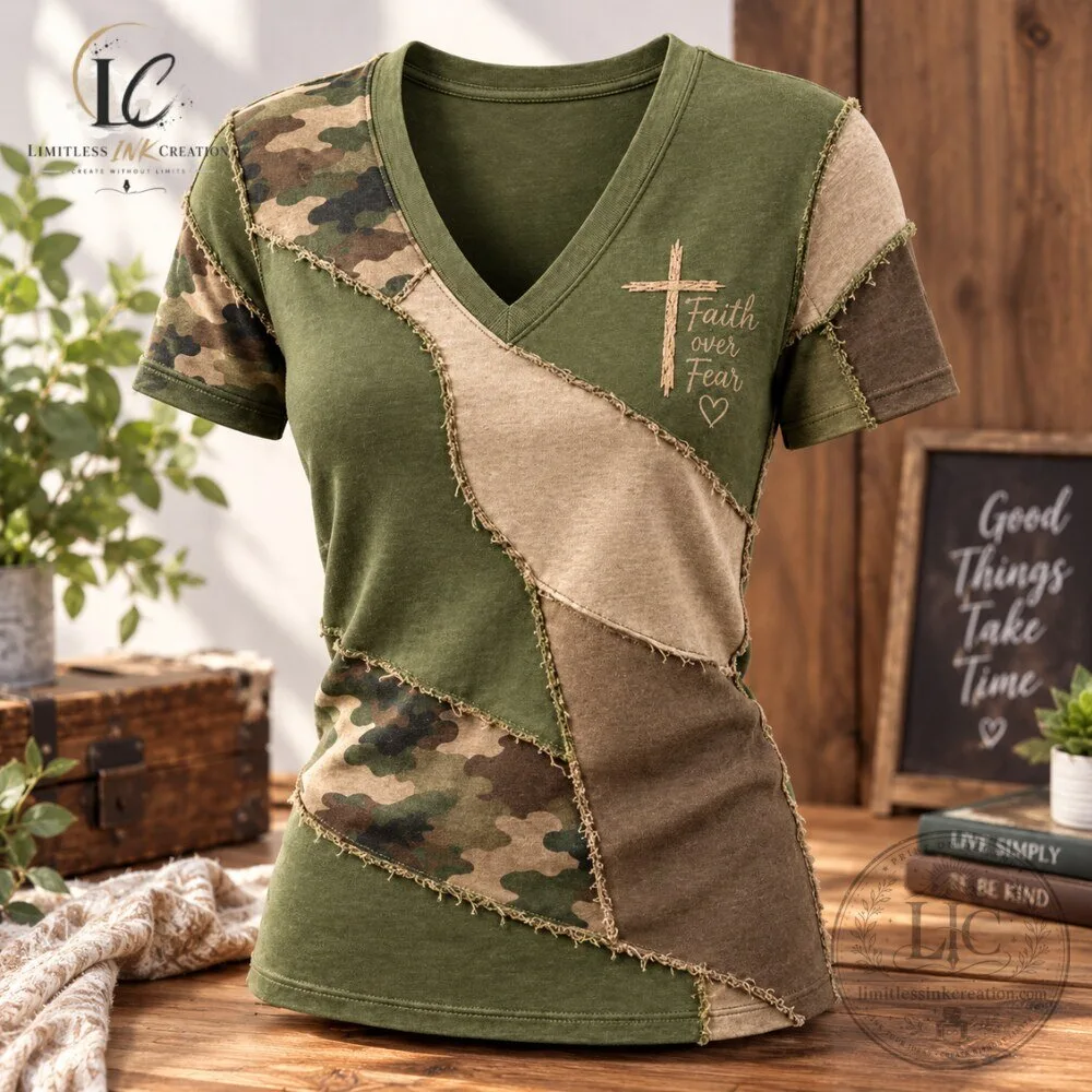 Women's Faith Over Fear Camo Patchwork V Neck T Shirt 4 Women's Faith Over Fear Camo Patchwork V Neck T Shirt
