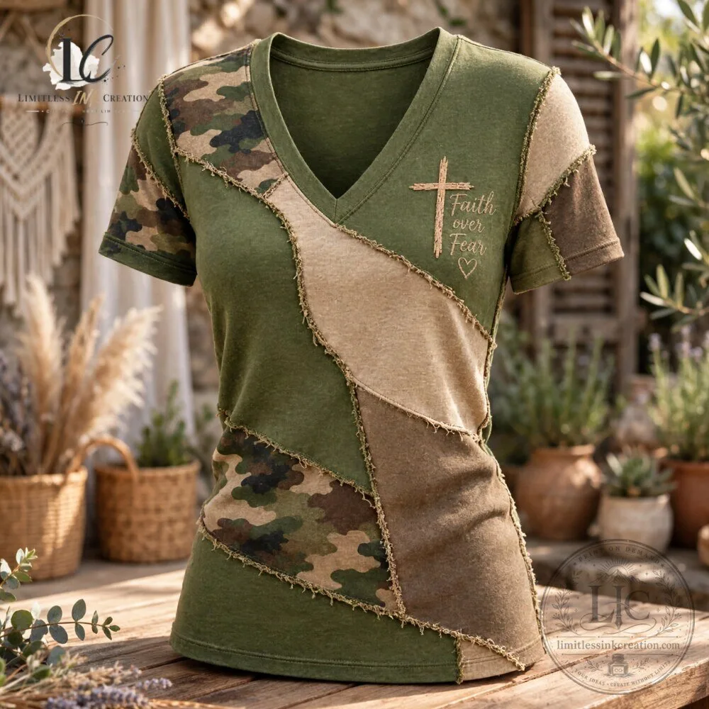 Women's Faith Over Fear Camo Patchwork V Neck T Shirt 5 Women's Faith Over Fear Camo Patchwork V Neck T Shirt