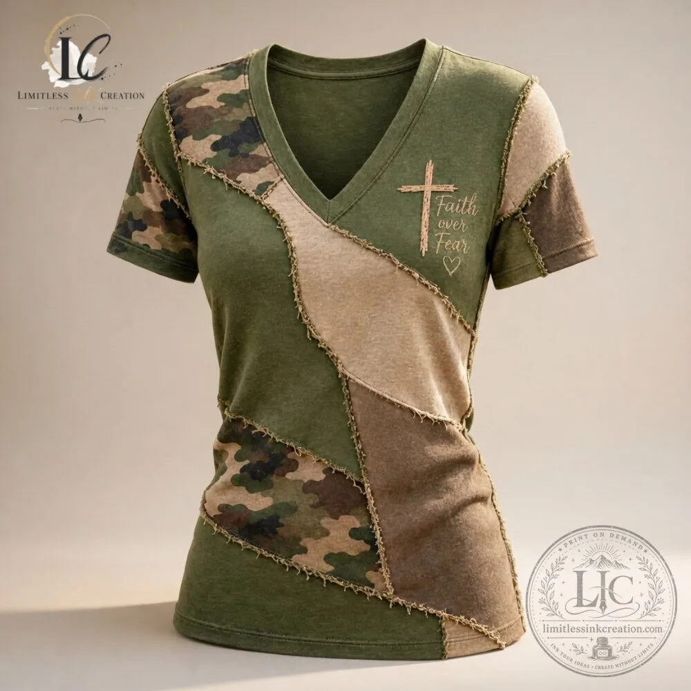 Women's Faith Over Fear Camo Patchwork V Neck T Shirt 6 Women's Faith Over Fear Camo Patchwork V Neck T Shirt