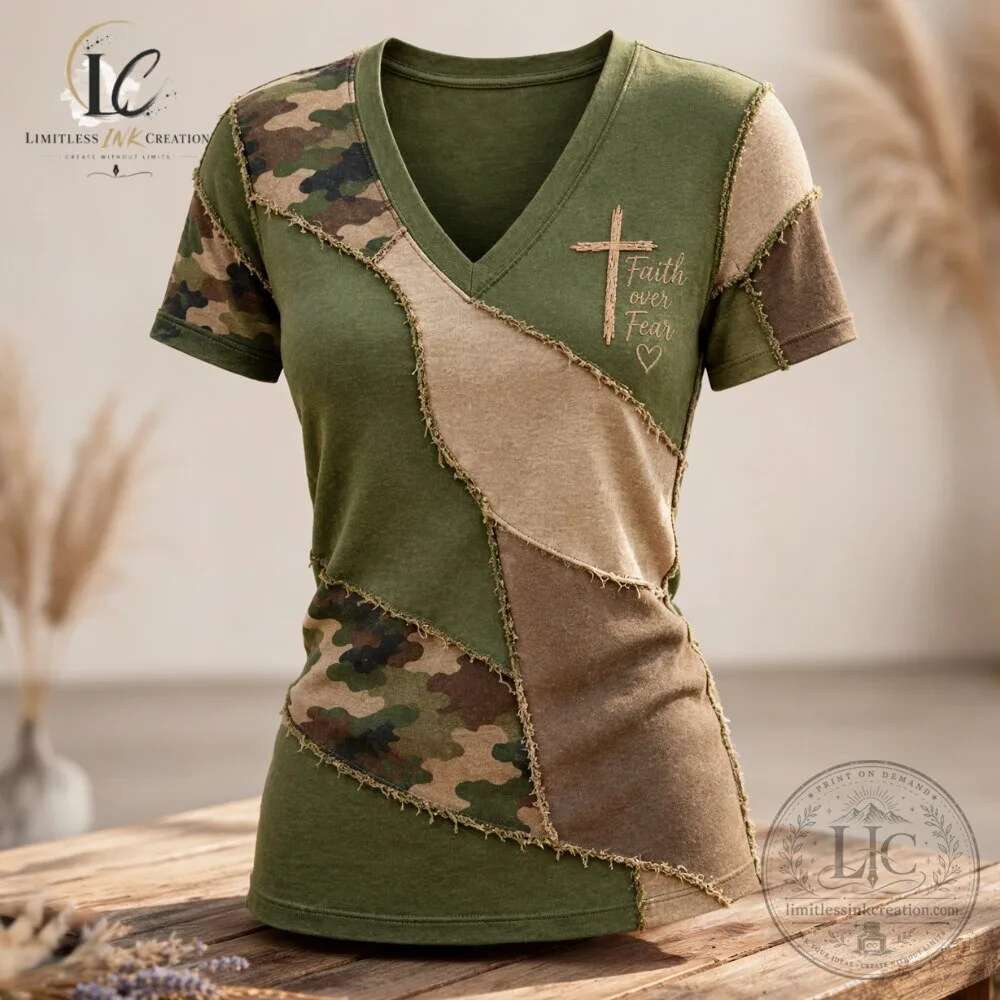 Women's Faith Over Fear Camo Patchwork V Neck T Shirt 7 Women's Faith Over Fear Camo Patchwork V Neck T Shirt