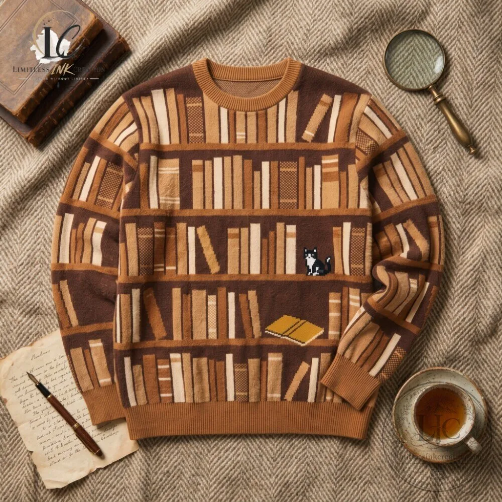 Vintage Dark Academia Bookshelf Sweater with Cat 6 Vintage Dark Academia Bookshelf Sweater with Cat