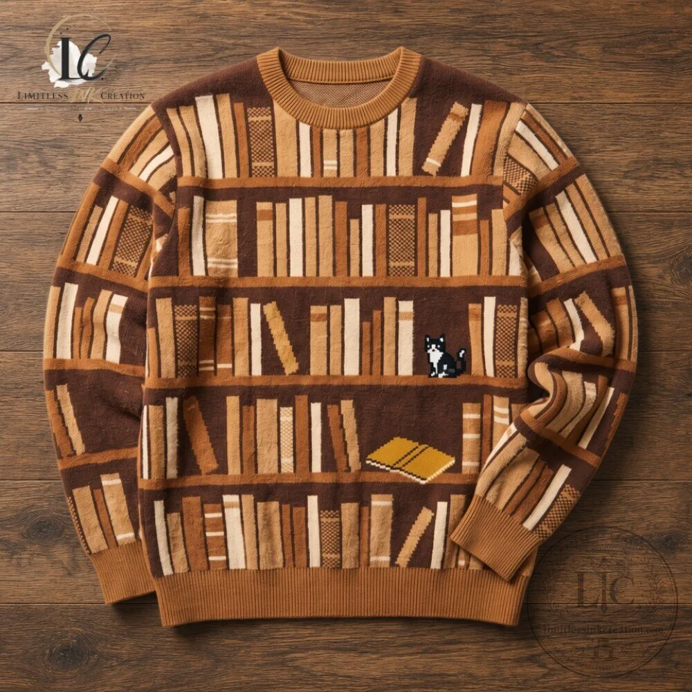Vintage Dark Academia Bookshelf Sweater with Cat 7 Vintage Dark Academia Bookshelf Sweater with Cat