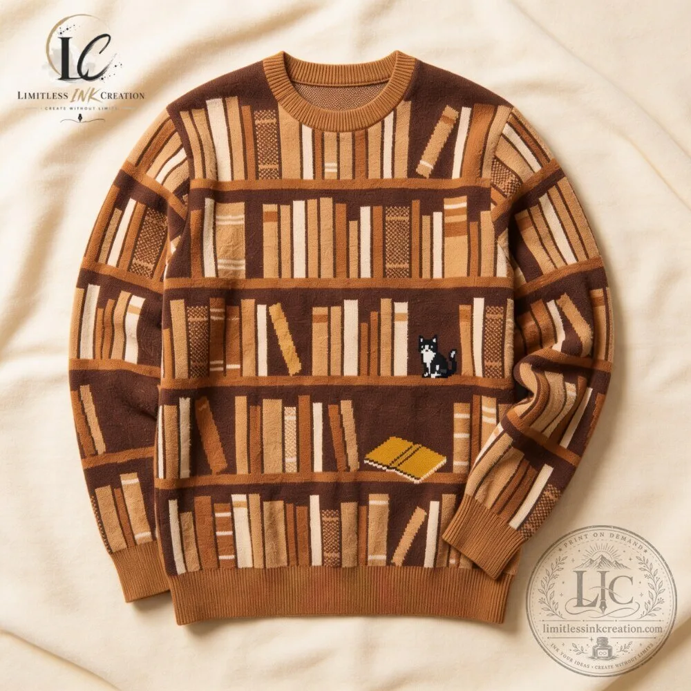 Vintage Dark Academia Bookshelf Sweater with Cat 8 Vintage Dark Academia Bookshelf Sweater with Cat