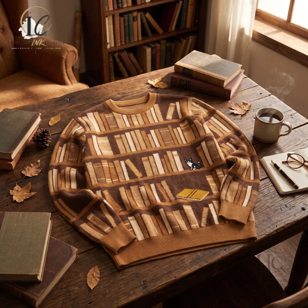 Vintage Dark Academia Bookshelf Sweater with Cat 9 Vintage Dark Academia Bookshelf Sweater with Cat