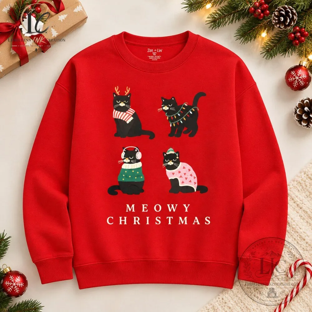 Cute Black Cats Meowy Christmas Red Sweatshirt 2026